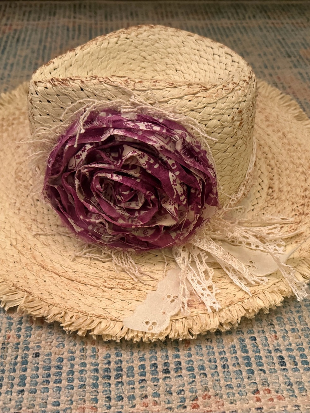 Cream Straw Sun Hat with Purple Floral Accent